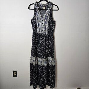 Knox Rose Size M Maxi Floral Prairie Dress Sleeveless Ruffles Tie Tassels Black